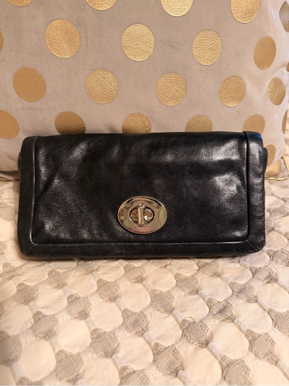 Coach Black Leather Turnlock Clutch Wallet